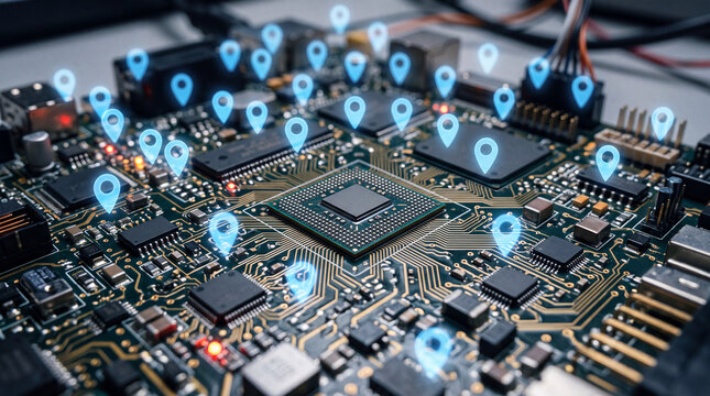 High-tech digital map interface featuring glowing blue GPS pins on a futuristic circuit board background. Modern 3D technology concept representing navigation, location intelligence, IoT, and smart in
