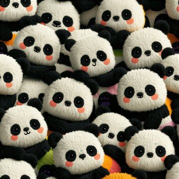 A charming and playful pattern of fluffy cartoon panda bears with rosy cheeks