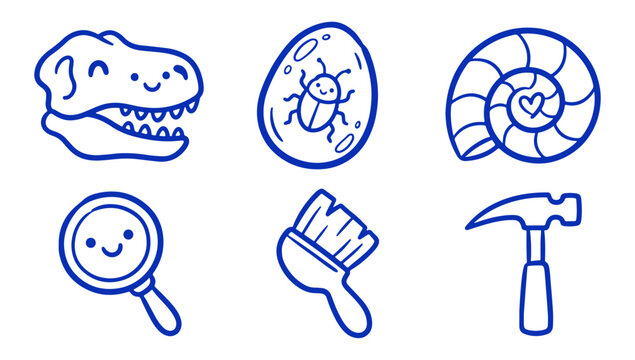 Cute hand drawn paleontology icon set featuring dinosaur fossils and excavation tools vector