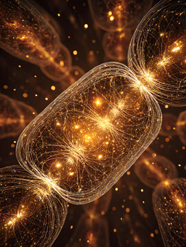 Golden mitochondrial uncoupling energy spark, glowing cellular organelle with filament network and warm light particles, abstract biological