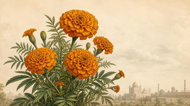 Indian Marigold Flower Tagetes Genda Phool Palace Engraving Banner