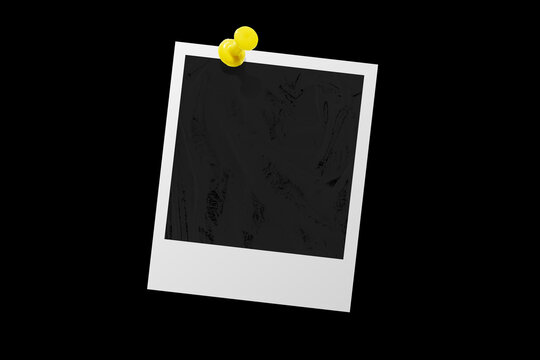 Photo card attached with a push pin isolated on a black background.