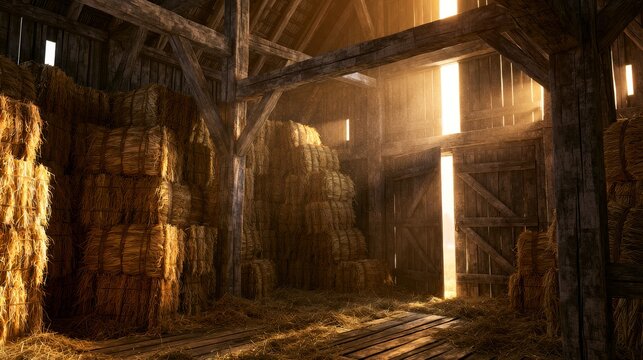 Rustic barn interior with hay bales and sunbeams