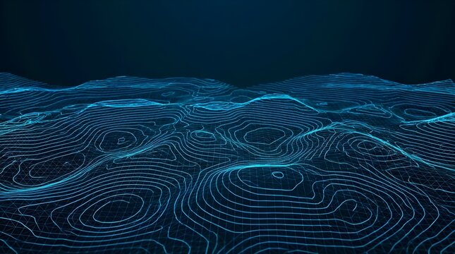 Blue digital wireframe topography wave on dark background.