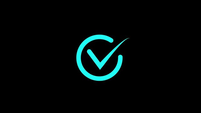 Bright cyan checkmark symbol enclosed within a circular outline on a solid black background signifying confirmation approval or a successfully completed task.