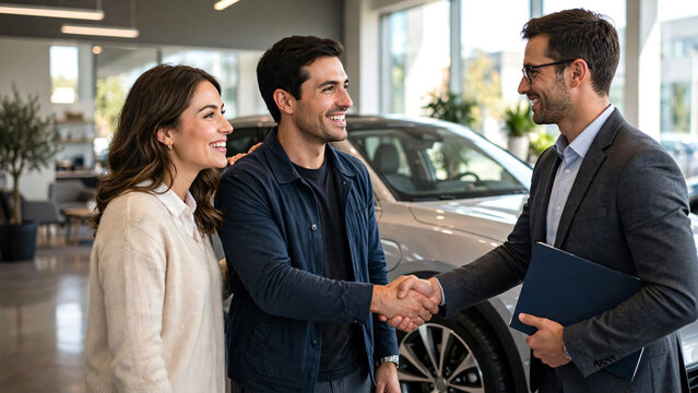 A happy couple husband gripping consultant's hand warmly, modern car dealership showroom after choosing their new vehicle, with a friendly sales consultant standing nearby.