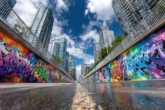 Graffiti Underpass with Modern City Buildings