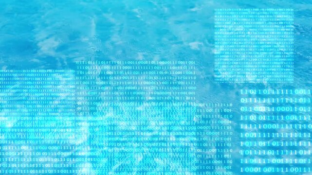 animated binary code isolated on blue flowing water texture, symbolic concept for digitization and tokenization of water business and industry