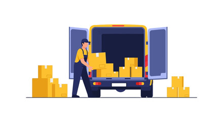 Naklejka premium Delivery Worker Loading Boxes into a Yellow Van, Logistics and Shipping Concept Flat Vector Illustration for Courier Service, Transport, and Moving Company