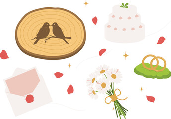 Fototapeta premium Rustic wedding elements vector set with wooden slice bird carving, white cake, rings, daisy bouquet, and invitation letter icon