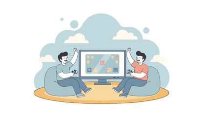 Fototapeta premium Two friends sit on beanbag chairs and play competitive video games on a large monitor screen with game controllers.