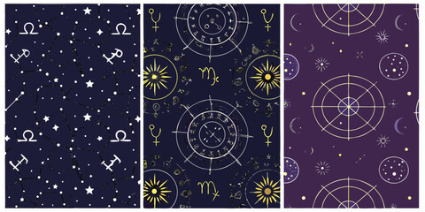 Astrological Symbols And Celestial Patterns Dark Blue And Purple Vector Illustration © Tithi