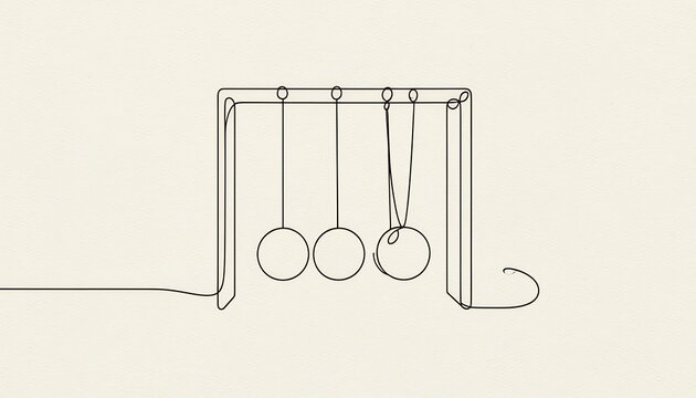 Minimalist continuous line art of pendulum spheres on cream background
