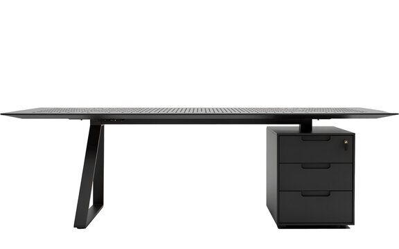 Modern black office desk with drawers. Minimalist workspace table isolated on white background.