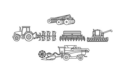 Obraz premium Agricultural machinery line icons showing tractor, plow and harvesting equipment.