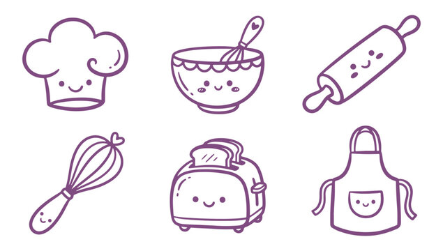 Cute hand drawn doodle collection of kitchen utensils and baking tools icons set