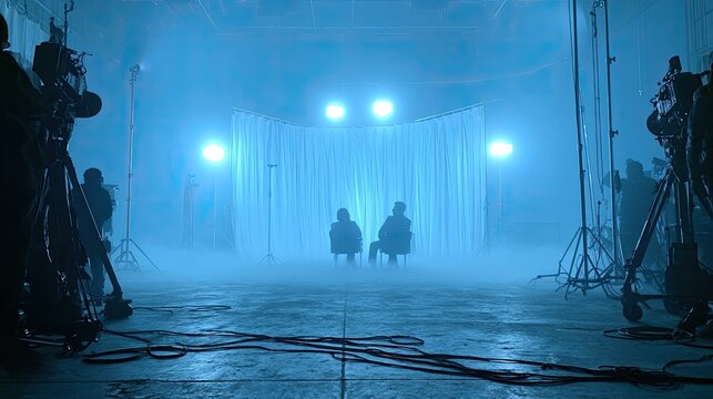 Two figures sit in chairs on a set, surrounded by filming equipment and fog