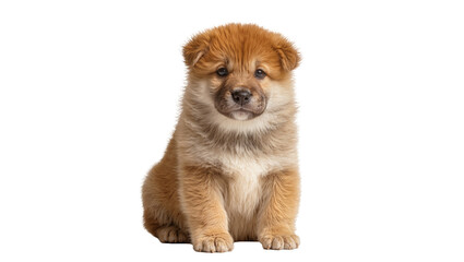 Isolated adorable fluffy red shiba inu puppy dog sitting calmly, looking directly at camera © Saoirse