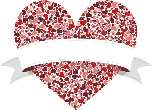 Valentine Day mosaic heart vector graphic filled with red confetti sequins and textured petals wrapped in white blank ribbon banner