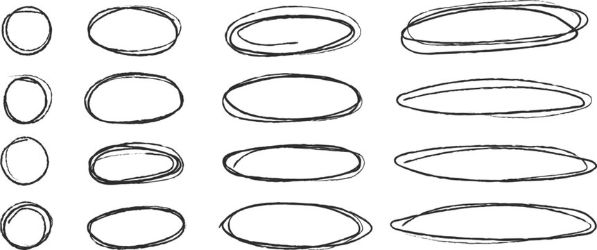 Hand drawn ballpoint pen circles ovals, . Grunge doodle ellipses, abstract round scribble highlights, various width oval pen doodles vector set