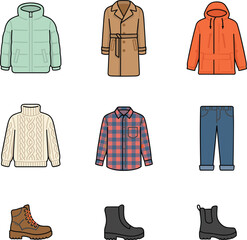 Winter clothes and autumn casual fashion vector collection featuring puffer jacket, trench coat, sweater, plaid shirt, jeans, and boots © Md