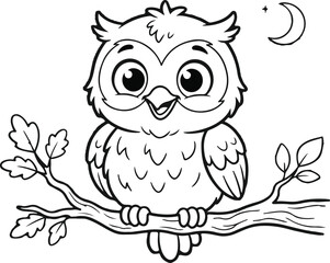 Fototapeta premium Cute cartoon owl sitting on a branch at night