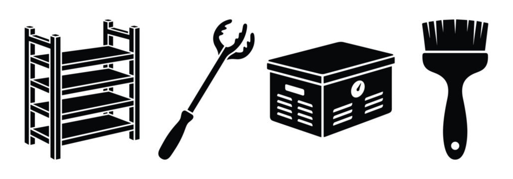 Shelving unit storage box gripper tool and paintbrush isolated black icons.