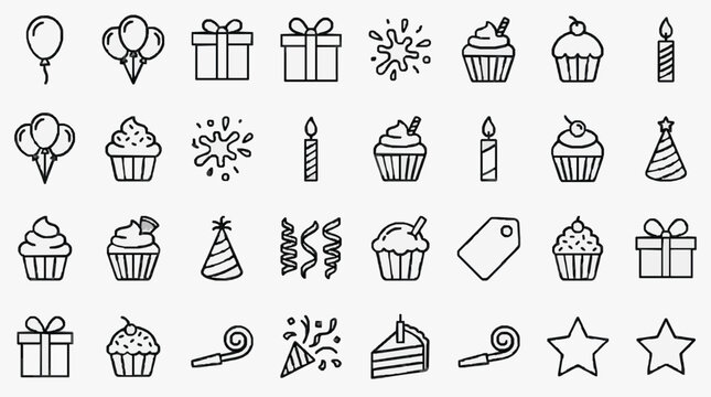 Sleek Black and White Line Art Icons Set Featuring Balloons Cupcakes Gifts Fireworks Candles Party Hats and More