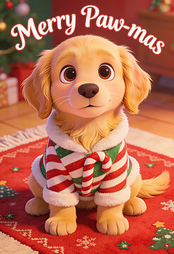 cucciolo di labrador giallo con un vestito buffo per gli auguri di buon natale, yellow Labrador puppy in a funny outfit for Christmas greetings