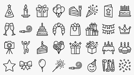 Fototapeta premium Clean Black and White Line Icons Set of Party and Celebration Elements for Digital Design Use with high quality professional line art symbols for modern creative design and digital branding projects
