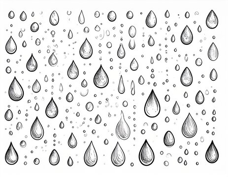 Hand-drawn black and white sketch of multiple falling raindrops, creating a pattern of water droplets on a white background