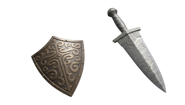 Ancient Medieval Shield and Ornate Metal Dagger Set