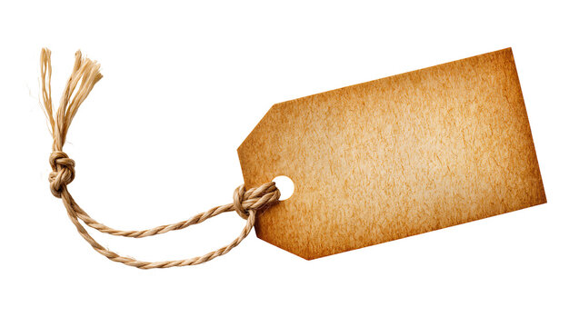 Isolated blank rustic brown paper tag with natural jute string tied in a knot