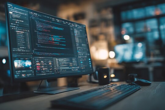 Modern computer screen displaying code in a dark office setting.
