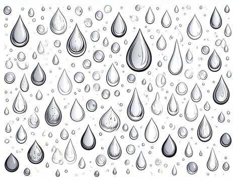 Hand-drawn water droplets pattern with liquid drops and rain splashes on a white background