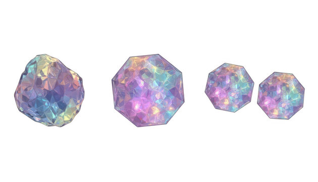 Set of Iridescent Geometric Crystal Shapes with Glowing Reflections