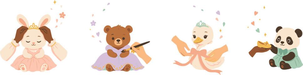 Cute royal princess animals craft vector set with rabbit tiara painting bear dress tying swan bow and dressing panda © Md