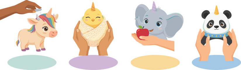 Cute magical unicorn hybrid animals care vector set featuring brushing unicorn pony, cradling baby chick, feeding elephant, and holding panda © Md