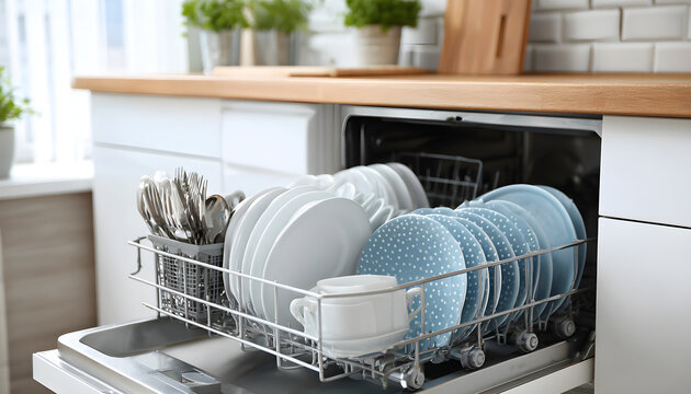 open dishwasher with clean dishes at home kitchen