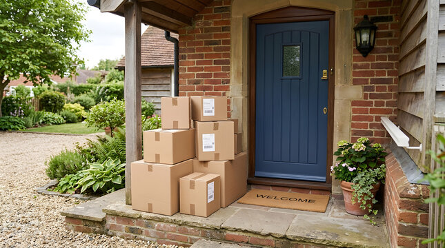 A stack of cardboard boxes on the porch of a house with a blue door and brick exterior