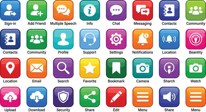 Colorful mobile app user interface square button icon set featuring profile communication customer support email notifications cloud storage camera location and data security vector symbols