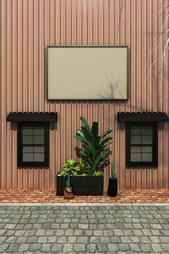 3D render of blank poster mockup on fluted bronze pipe cladding wall portrait