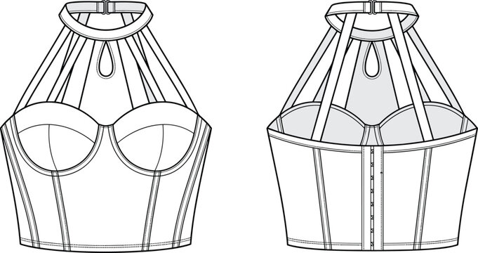 Women Halter Neck Strappy Bustier Crop Top Technical Flat Sketch Vector Template Front Back View CAD Illustration