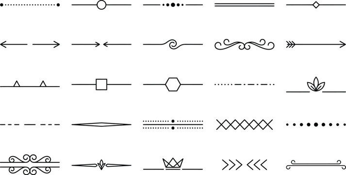 Dividers consist of twenty distinct line art icons intended to separate text sections for clean professional work.