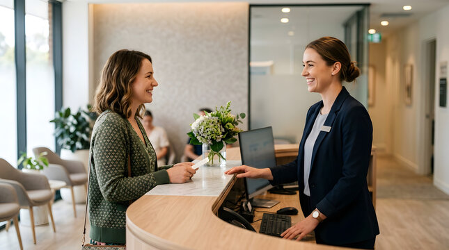 A smiling receptionist and a guest interact at the front desk of a modern office building with a beautiful interior design