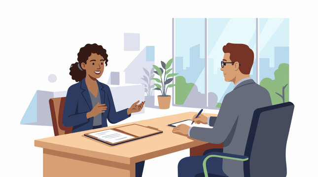 Two professionals in office one interviewing the other