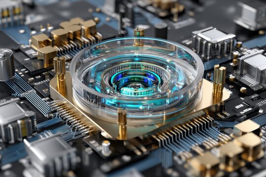 Intricate details of a high-tech circuit board with a crystal lens under bright lighting