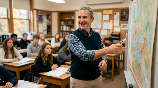 A teacher stands in front of a classroom, pointing to a map on the board while students sit at desks, engaged in learning.