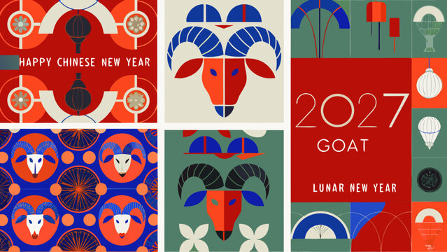 Stylized Goat Illustrations And Chinese New Year Lanterns A Festive Vector Pattern Collection goats caprine lunar 2027
