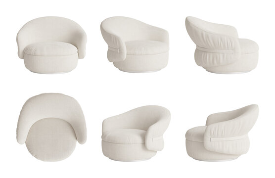Minimalist Rounded Lounge Chair Template with Textured Fabric, Isolated Pack. Front view, side views, top view, and perspectives. 3d rendering